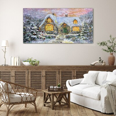 Winter landscape with a house in the forest Glass art print
