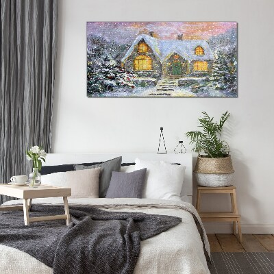 Winter landscape with a house in the forest Glass art print