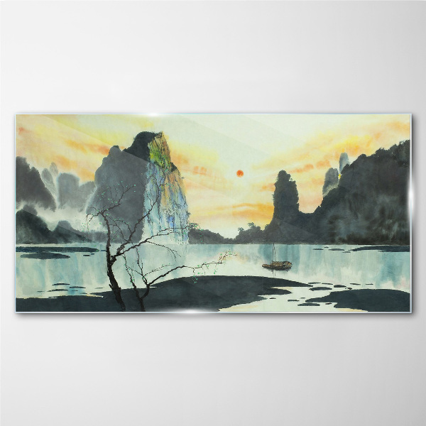 A peaceful landscape with a mountain and a boat Glass art print