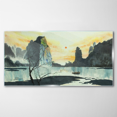 A peaceful landscape with a mountain and a boat Glass art print