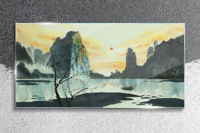 A peaceful landscape with a mountain and a boat Glass art print