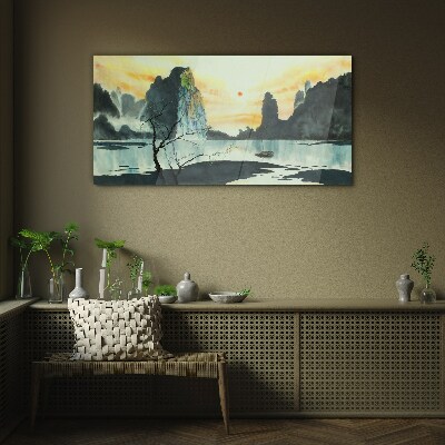 A peaceful landscape with a mountain and a boat Glass art print