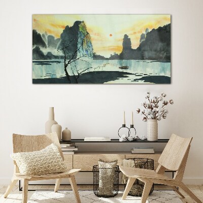 A peaceful landscape with a mountain and a boat Glass art print