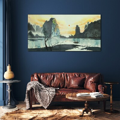 A peaceful landscape with a mountain and a boat Glass art print