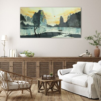 A peaceful landscape with a mountain and a boat Glass art print