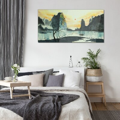 A peaceful landscape with a mountain and a boat Glass art print