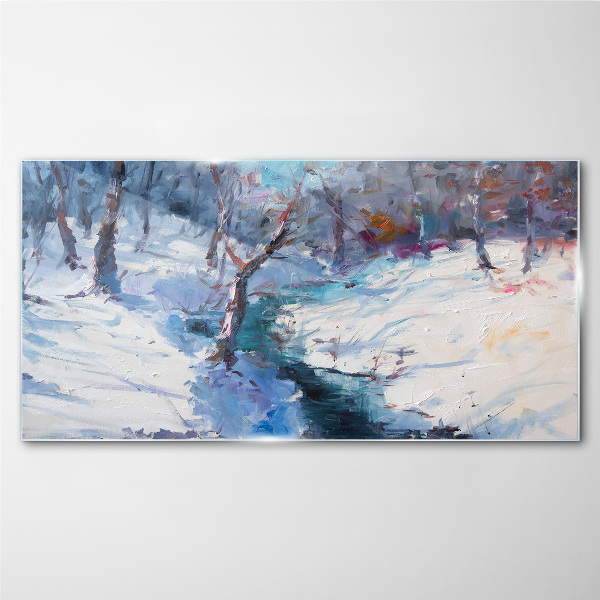 Winter landscape with a river Wall art on glass