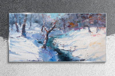 Painting winter forest Glass Wall Art