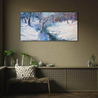 Winter landscape with a river Wall art on glass