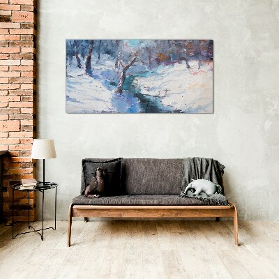 Winter landscape with a river Wall art on glass