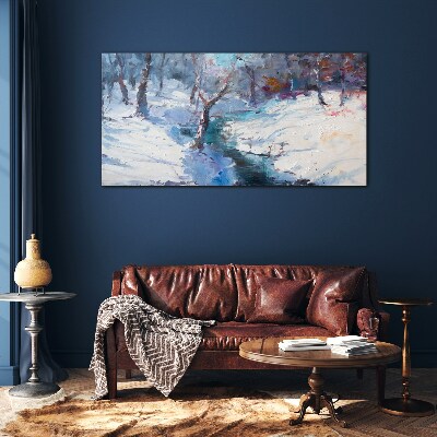 Winter landscape with a river Wall art on glass