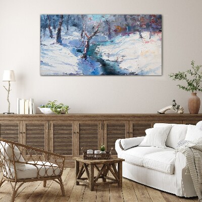 Winter landscape with a river Wall art on glass