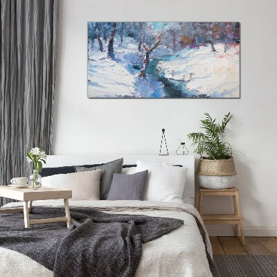 Winter landscape with a river Wall art on glass