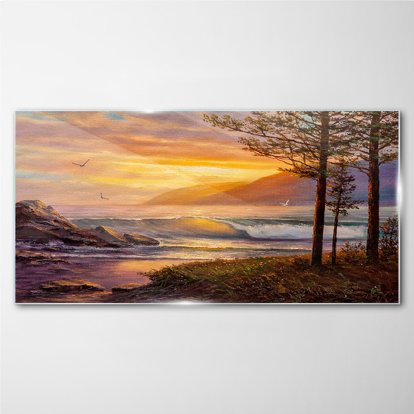 Sunset over the sea shore Glass art print
