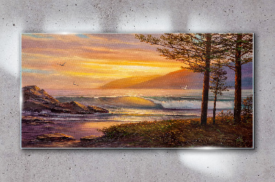 Sunset over the sea shore Glass art print