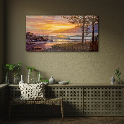 Sunset over the sea shore Glass art print