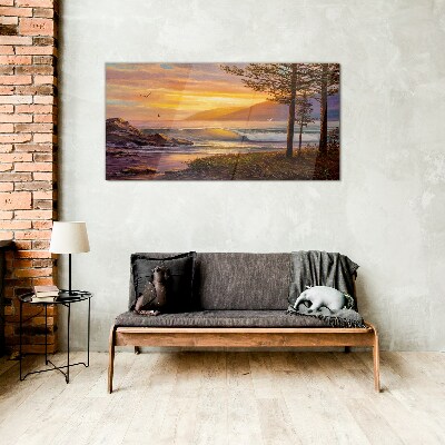 Sunset over the sea shore Glass art print