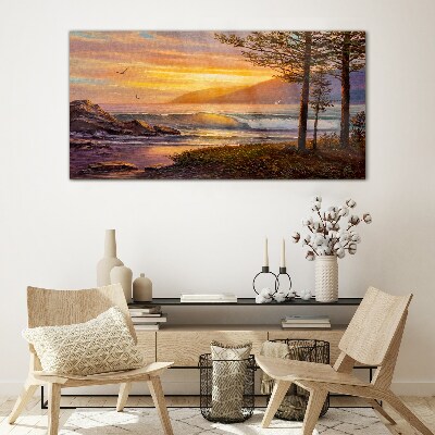 Sunset over the sea shore Glass art print