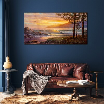 Sunset over the sea shore Glass art print