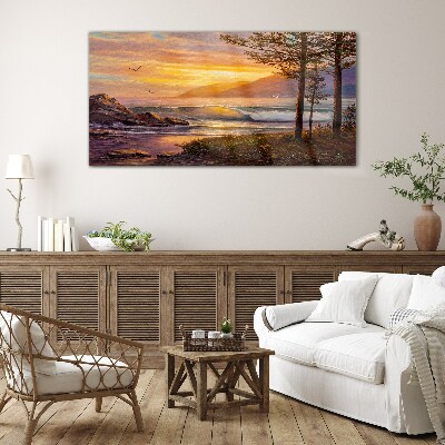 Sunset over the sea shore Glass art print