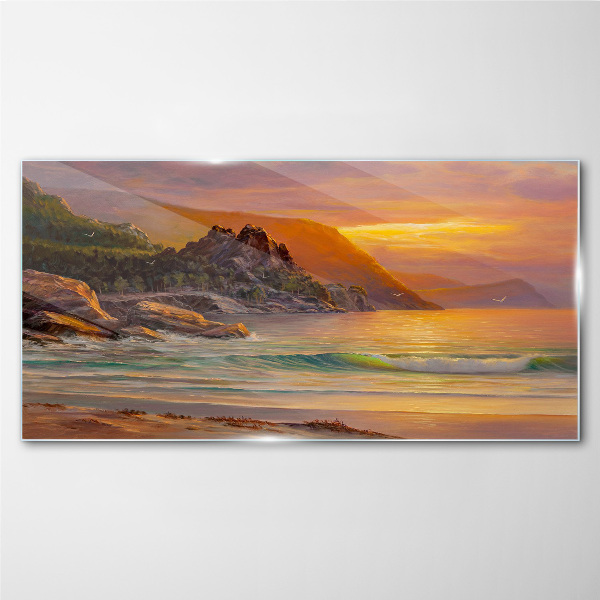 Sunset over the mountain coast Wall art on glass