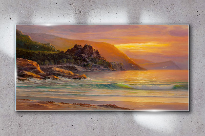 Sunset over the mountain coast Wall art on glass
