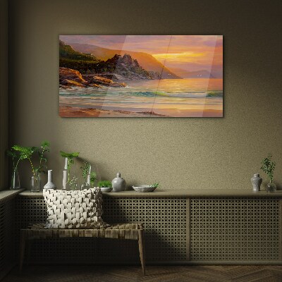 Sunset over the mountain coast Wall art on glass