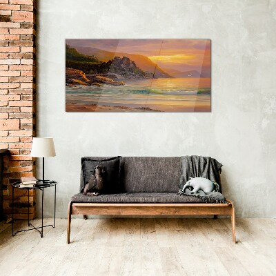 Sunset over the mountain coast Wall art on glass