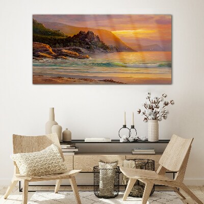 Sunset over the mountain coast Wall art on glass