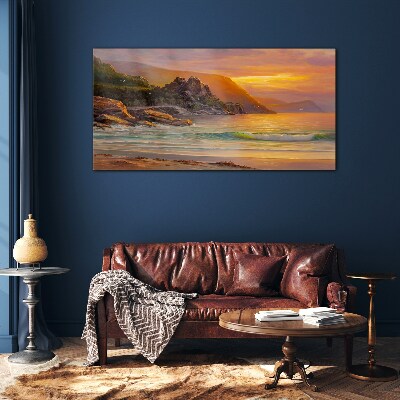 Sunset over the mountain coast Wall art on glass