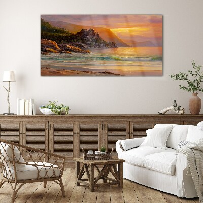 Sunset over the mountain coast Wall art on glass