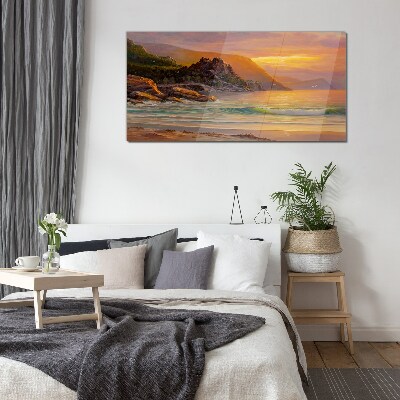 Sunset over the mountain coast Wall art on glass