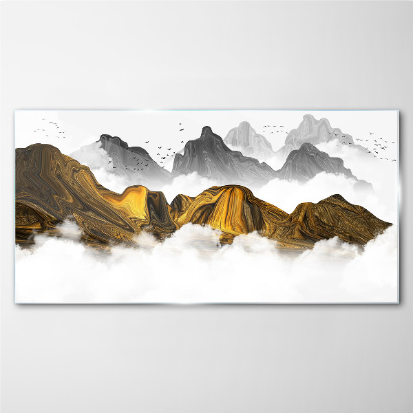 Golden mountains in the clouds Wall art on glass