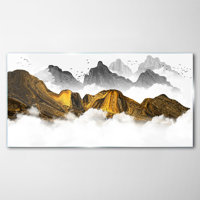 Golden mountains in the clouds Wall art on glass