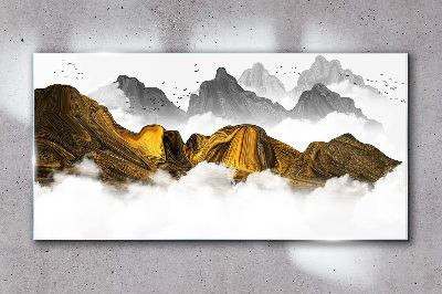 Golden mountains in the clouds Wall art on glass