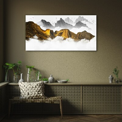 Golden mountains in the clouds Wall art on glass