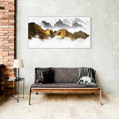 Golden mountains in the clouds Wall art on glass