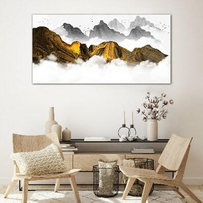 Golden mountains in the clouds Wall art on glass