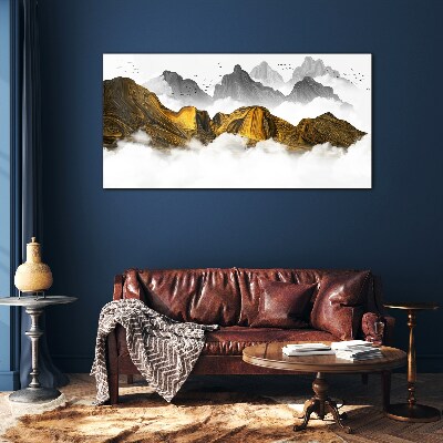 Golden mountains in the clouds Wall art on glass