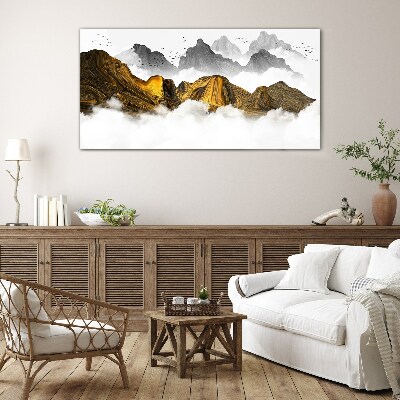 Golden mountains in the clouds Wall art on glass