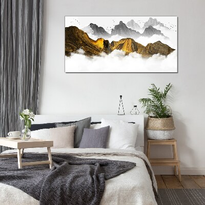 Golden mountains in the clouds Wall art on glass