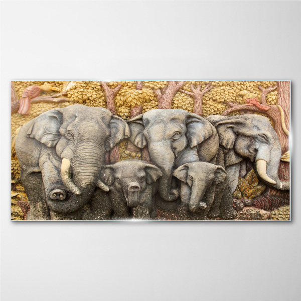 Family of elephants in a forest landscape Wall art on glass