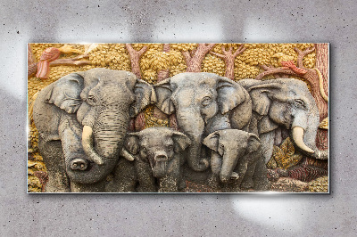 Family of elephants in a forest landscape Wall art on glass