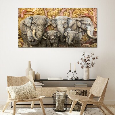 Family of elephants in a forest landscape Wall art on glass