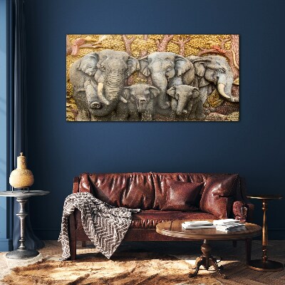 Family of elephants in a forest landscape Wall art on glass