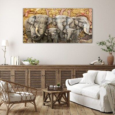 Family of elephants in a forest landscape Wall art on glass