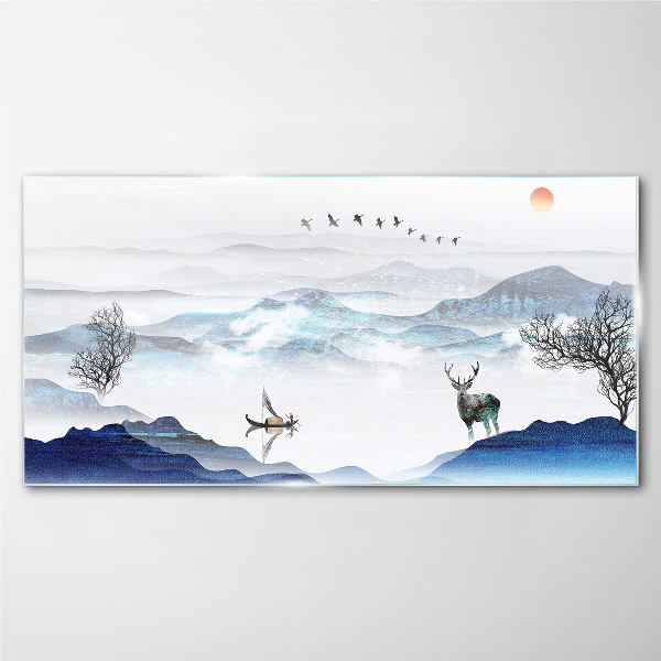 A peaceful mountain landscape with a deer Glass art print