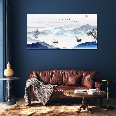 A peaceful mountain landscape with a deer Glass art print