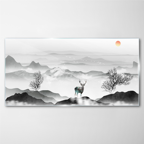 Peaceful landscape with deer Wall art on glass