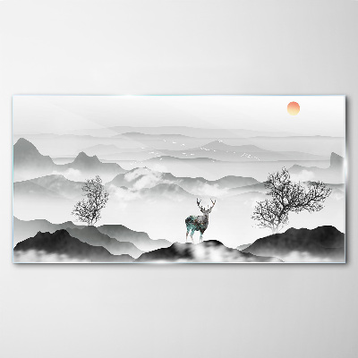 Peaceful landscape with deer Wall art on glass